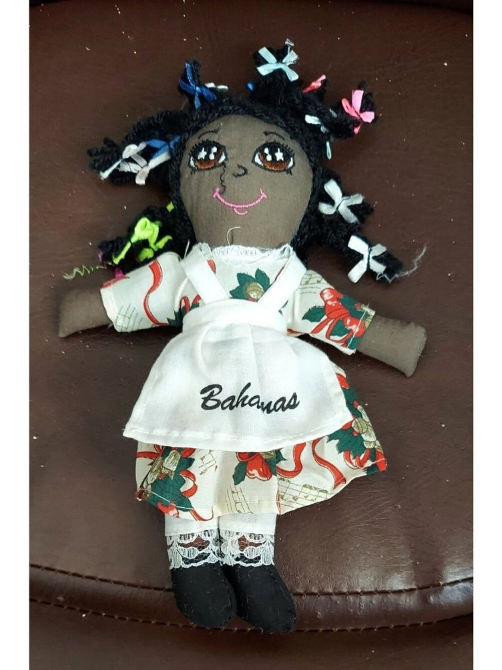 Bahamas Souvenir Handmade Cloth 8" Black Rag Doll Yarn Hair Plush Stuffed Animal